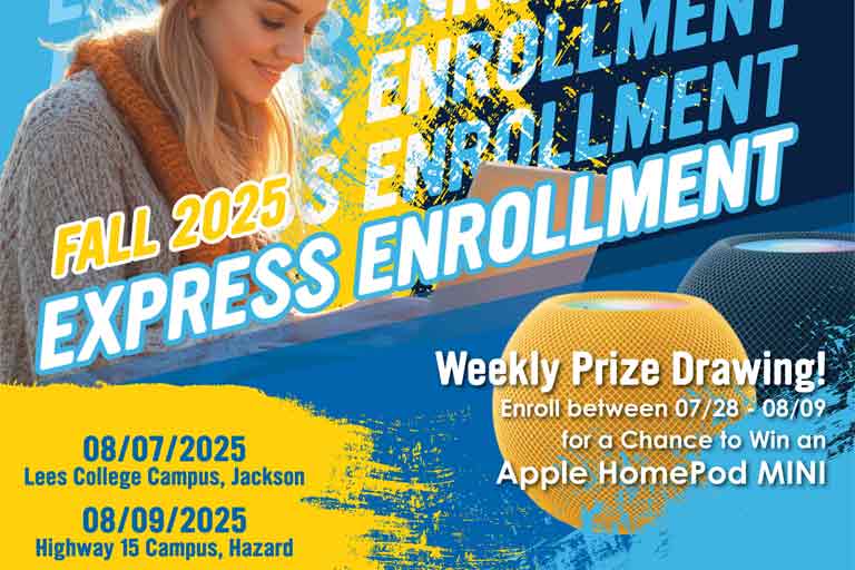 A promotional graphic for “Fall 2025 Express Enrollment” featuring a young woman using a laptop. Bold text repeats the word “ENROLLMENT” in the background. Dates and locations listed are 08/07/2025 at Lees College Campus, Jackson, and 08/09/2025 at Highway 15 Campus, Hazard. The image also announces a weekly prize drawing: “Enroll between 07/28 – 08/09 for a chance to win an Apple HomePod MINI,” with colorful blue and yellow design elements and images of HomePod Minis.