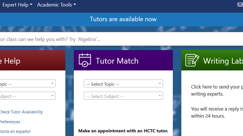 You will be redirected to the Brainfuse Student Homepage. From here, you can: 1. use the Writing Lab for help with reviewing your papers (this will reduce your available time), 2. use Tutor Match to connect with HCTC tutors (this will not reduce your available time, 3)use Live Help for Brainfuse tutors (this will reduce your available time).