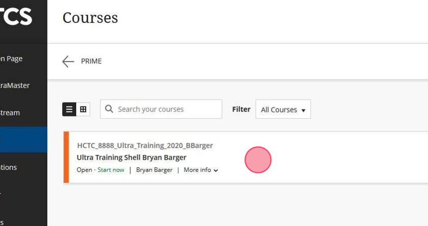 Once you have selected your semester and can see the class you need to use Brainfuse in, click on the course. In this example, the course is Ultra Training Shell Bryan Barger.