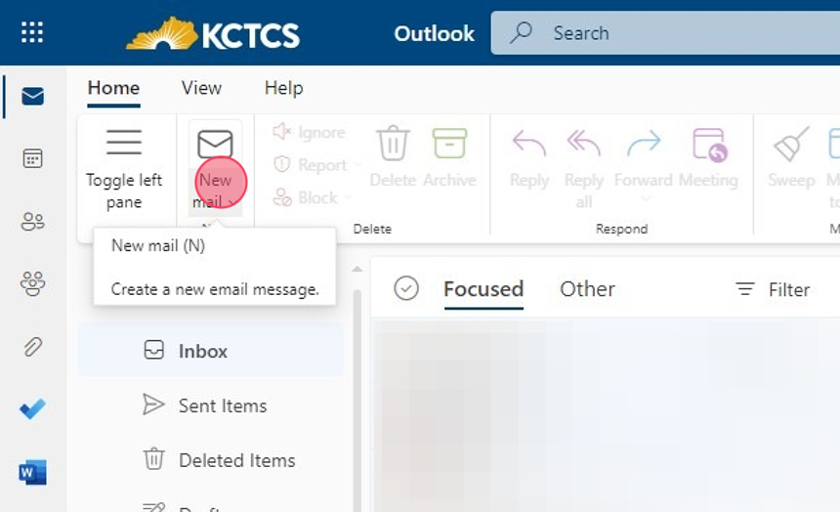 This will open Outlook 365 - your student email account through KCTCS. Click on "New Mail" icon to begin a new message.