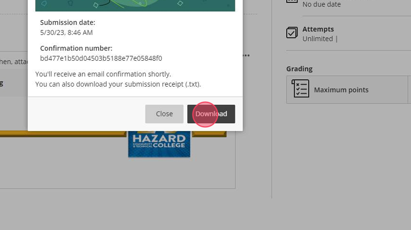 Click "Download" if you want a receipt of your assignment submission. This is helpful in case you ever encounter a situation where your instructor does not receive your assignment submission. It is recommended you download this file and keep it until your assignment has been graded.