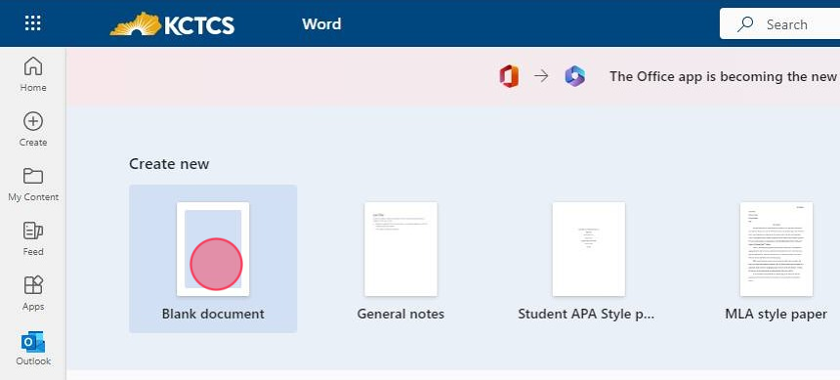 Once Word opens up, click "Create a new blank document" to create a new Word Online file. This document will automatically save inside your OneDrive account.