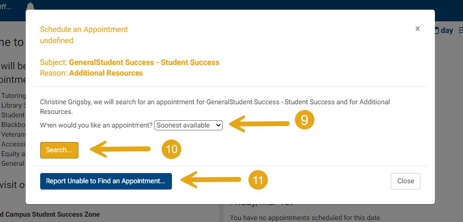 9. Click on the drop-down menu to find the date/time that is available and works with your schedule.