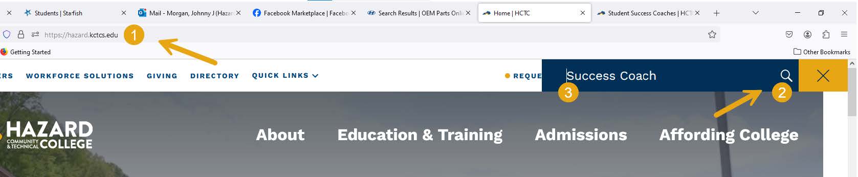 1. Go to hazard.kctcs.edu. 2. Click on the search bar (magnifying glass). 3. Enter the term “Success Coach”. Search Tutoring for tutors.