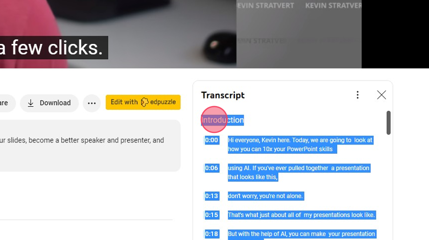 To copy the transcript, select all of the transcript text you want or need, right-click, and select copy.