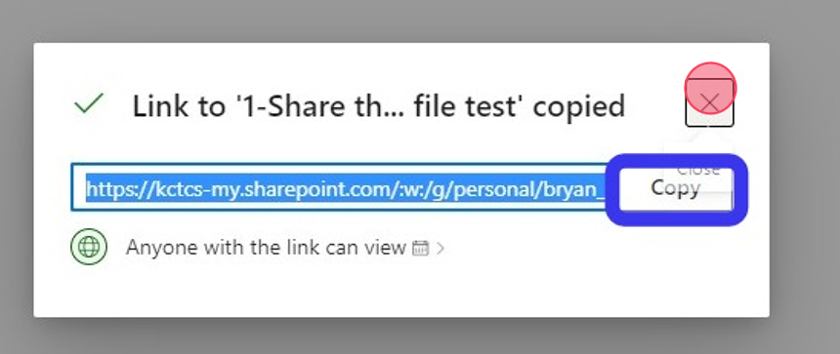 Click "copy" again and you will receive this message letting you know the link has been successfully copied to your clipboard.