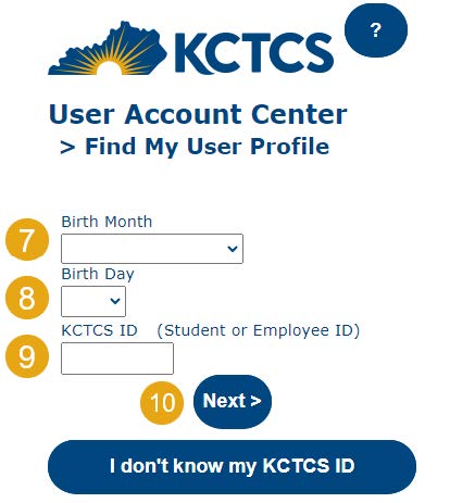 Now, you will enter your birth month, birth day, KCTCS ID, and click next.