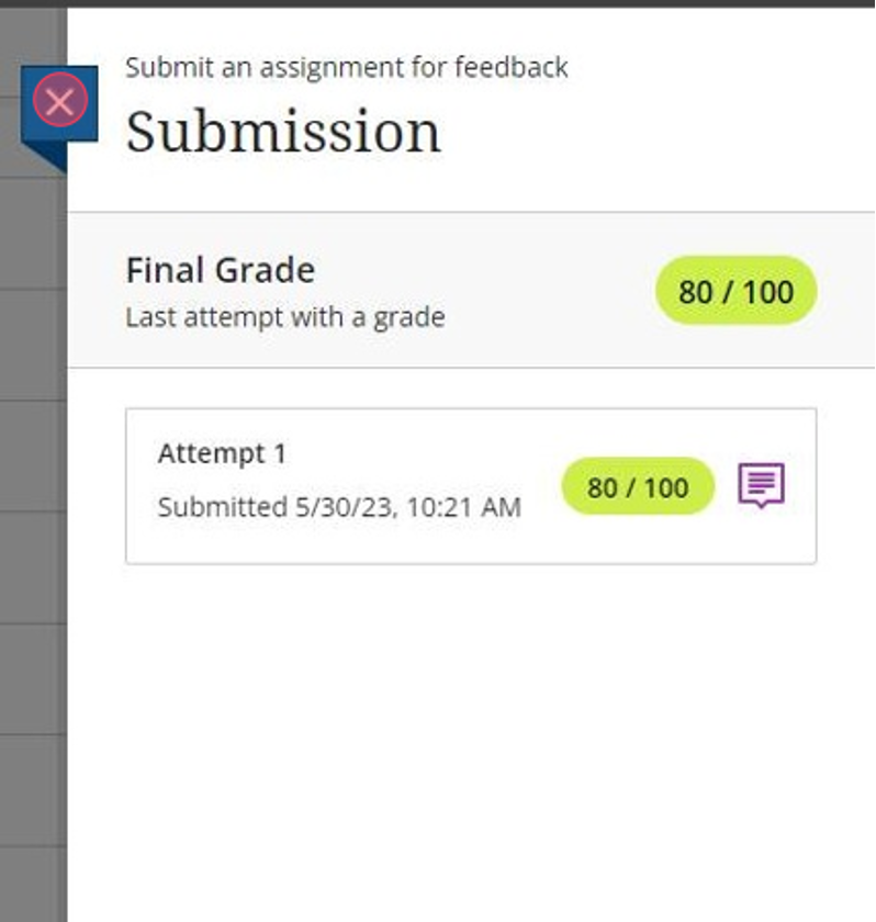 Click the "X" icon to close the assignment and return to the course gradebook.